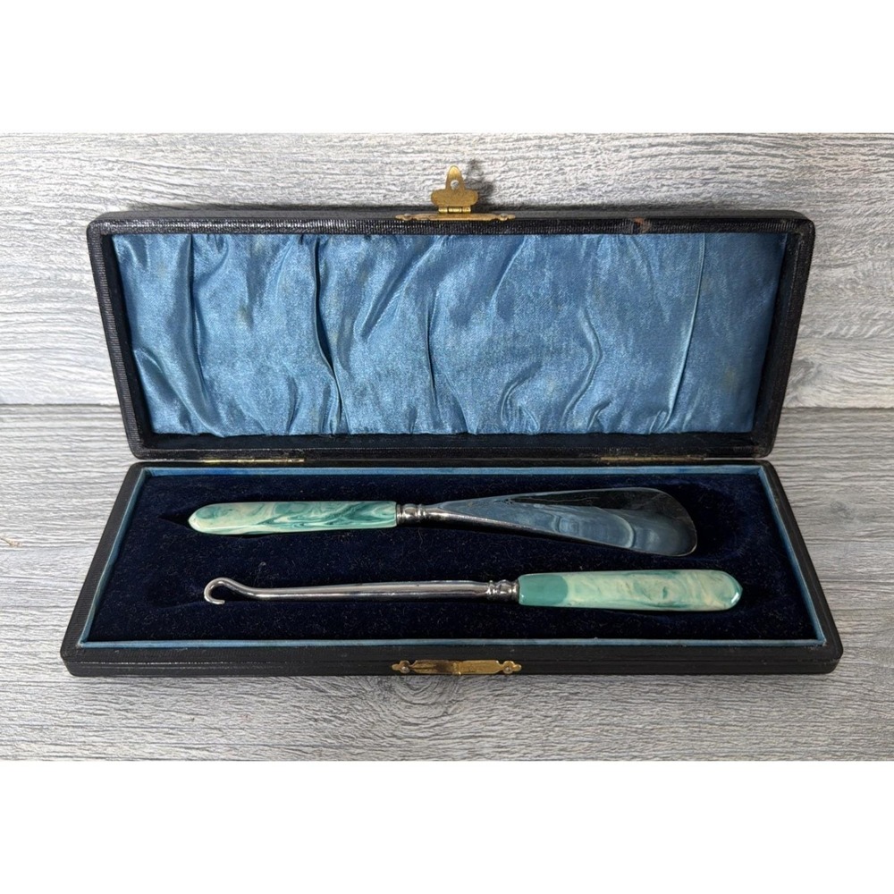 Vtg Green Swirl Bakelite Handle Shoe Boot Button Hook & Shoe Horn & Lined Case